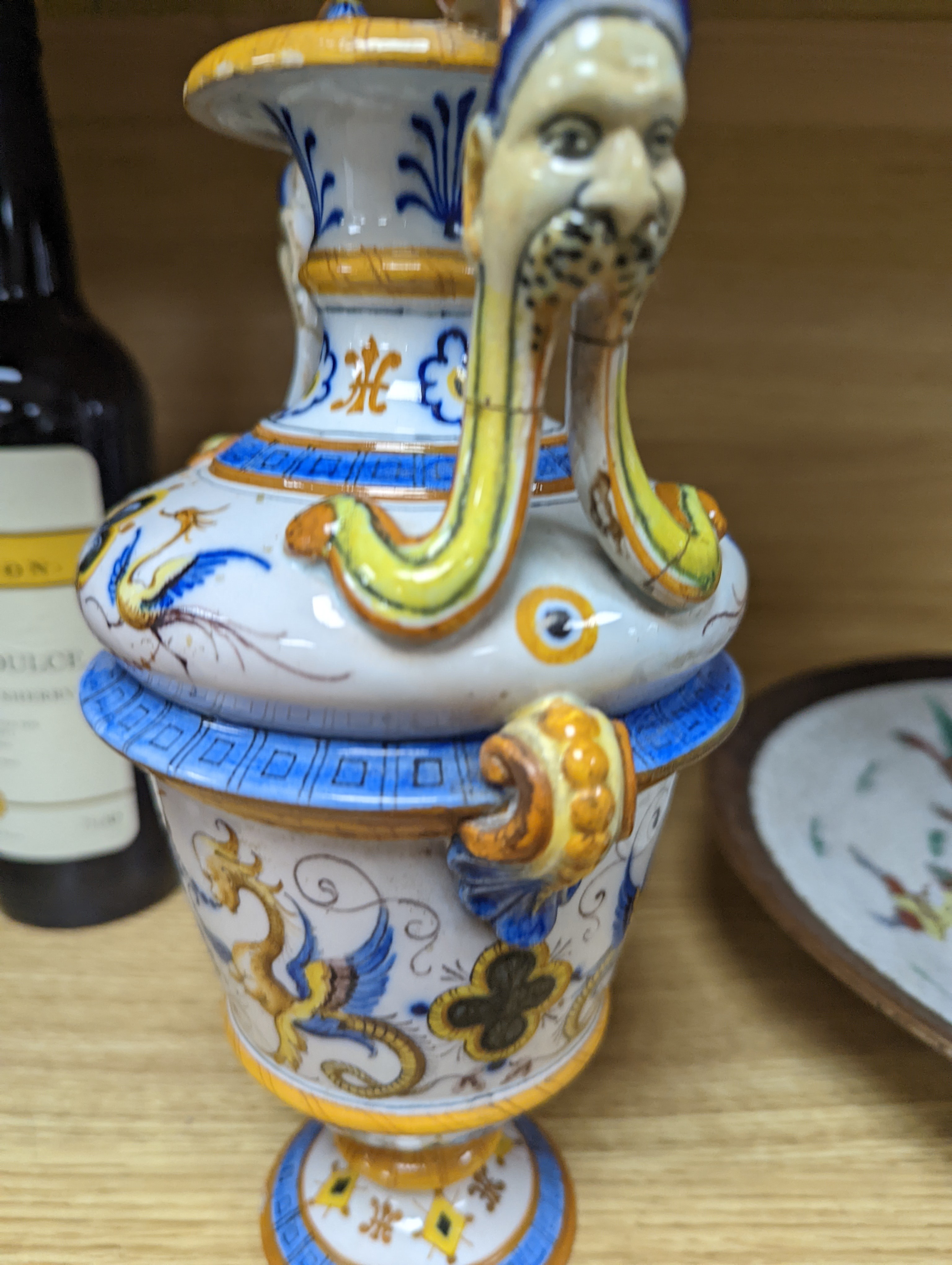 A Ginori maiolica two handled vase and Delft polychrome double cylinder teapot 27cm